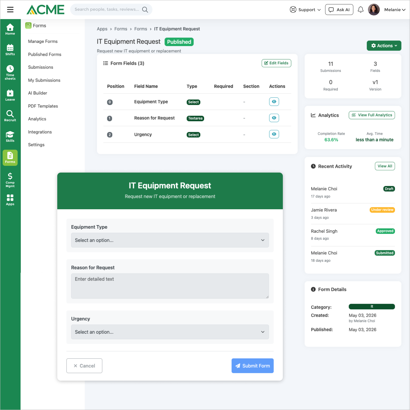 Edit a form with live preview — IT request form showing builder and preview side-by-side
