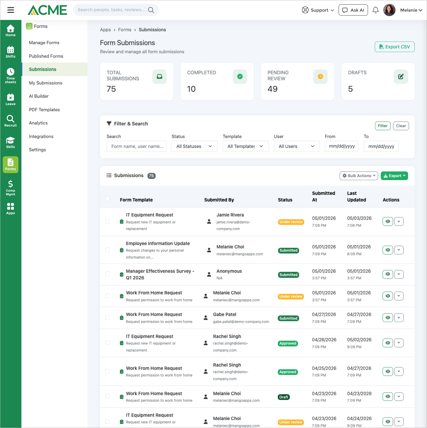 Form submissions — search, filter, and review responses with status tracking