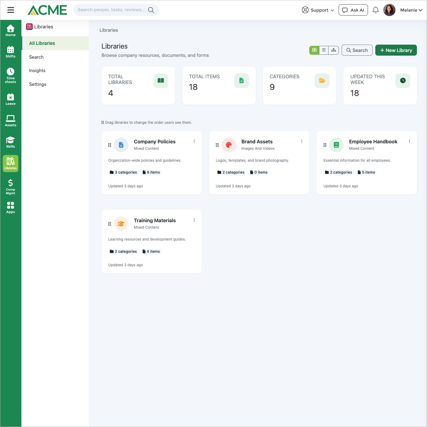 All libraries — searchable index of document libraries across the company
