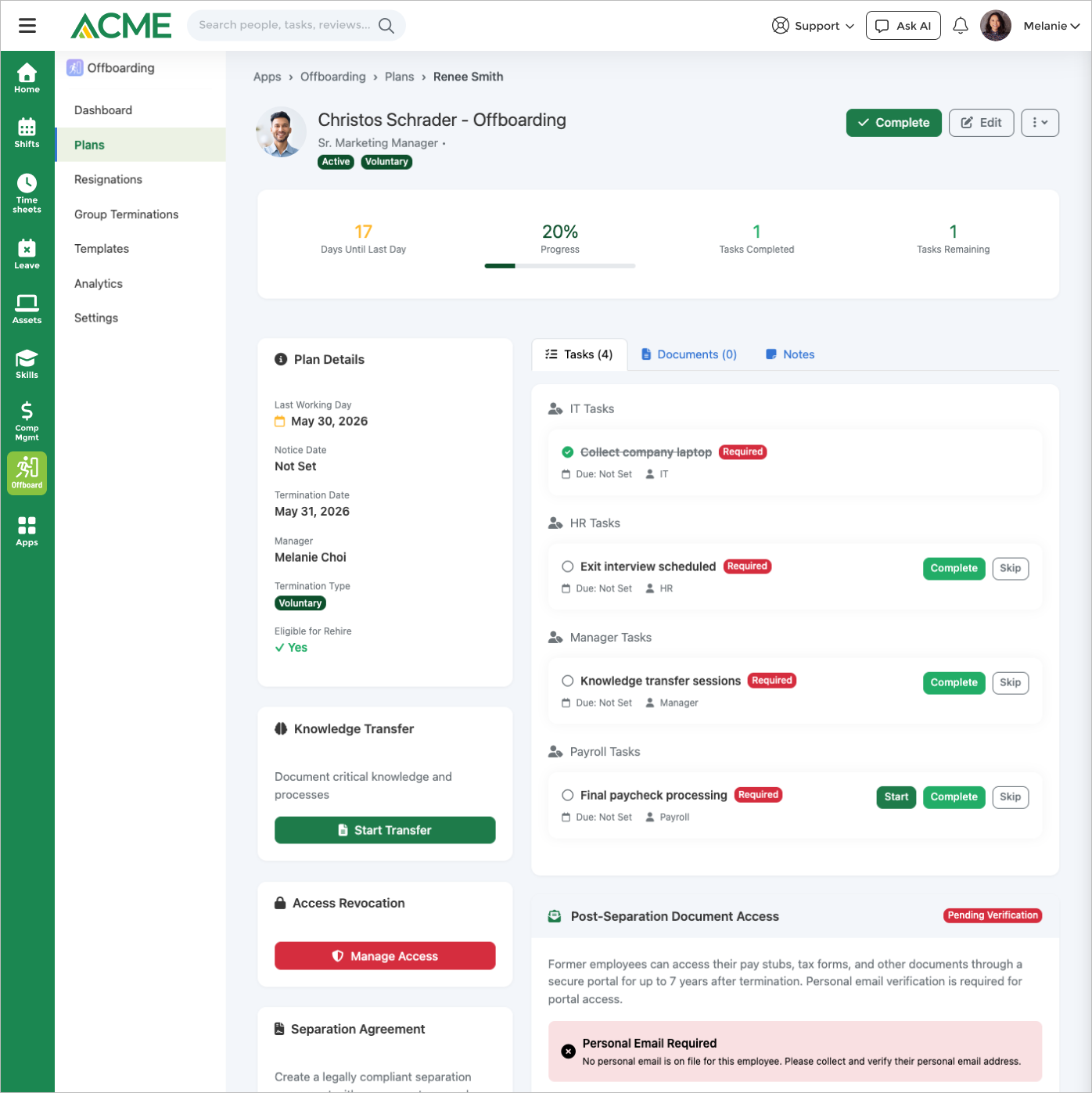 Offboarding plan for a departing employee — tasks, handovers, and asset returns