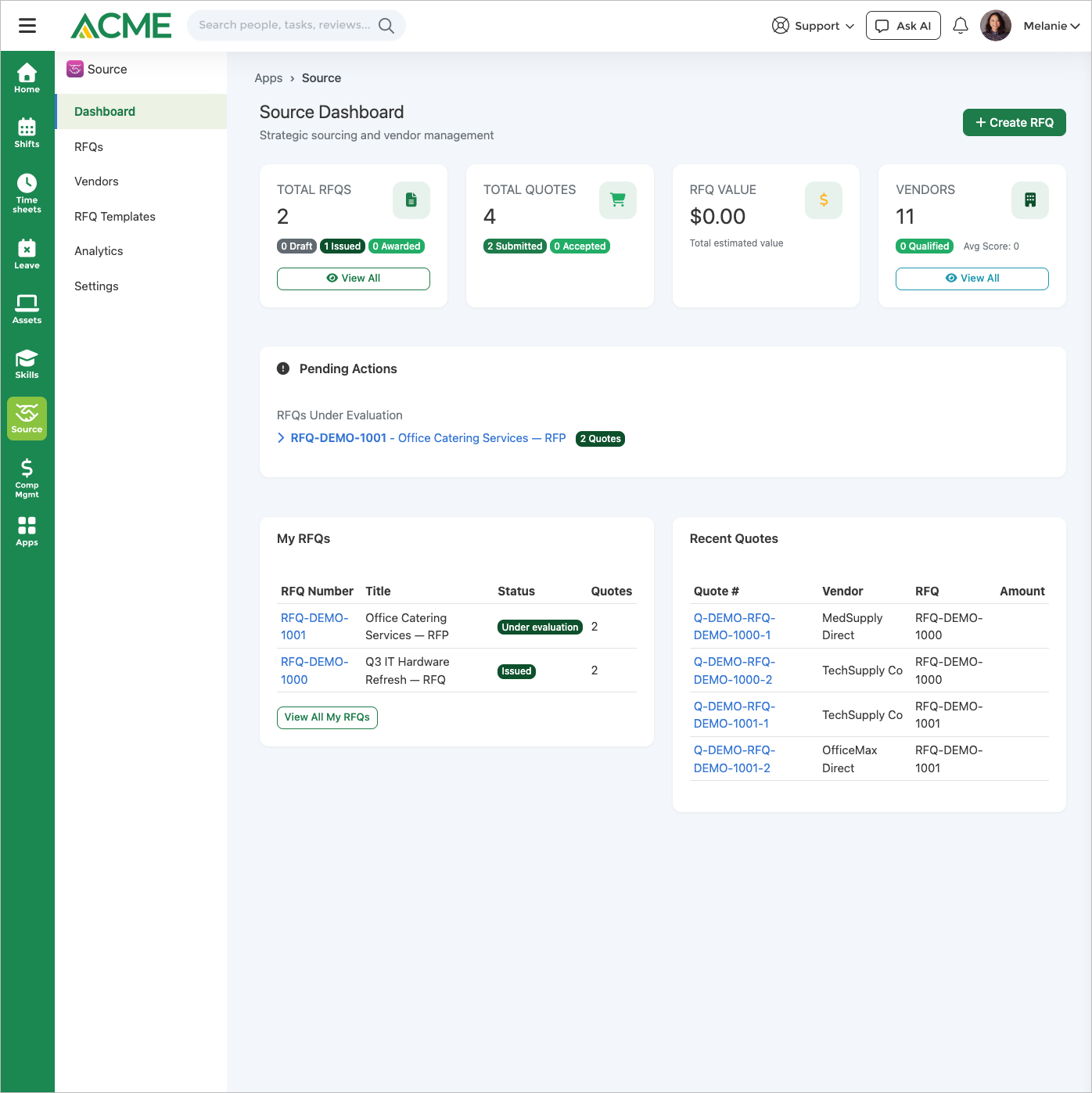 Source dashboard — open RFQs, vendor responses, scorecards, and award activity