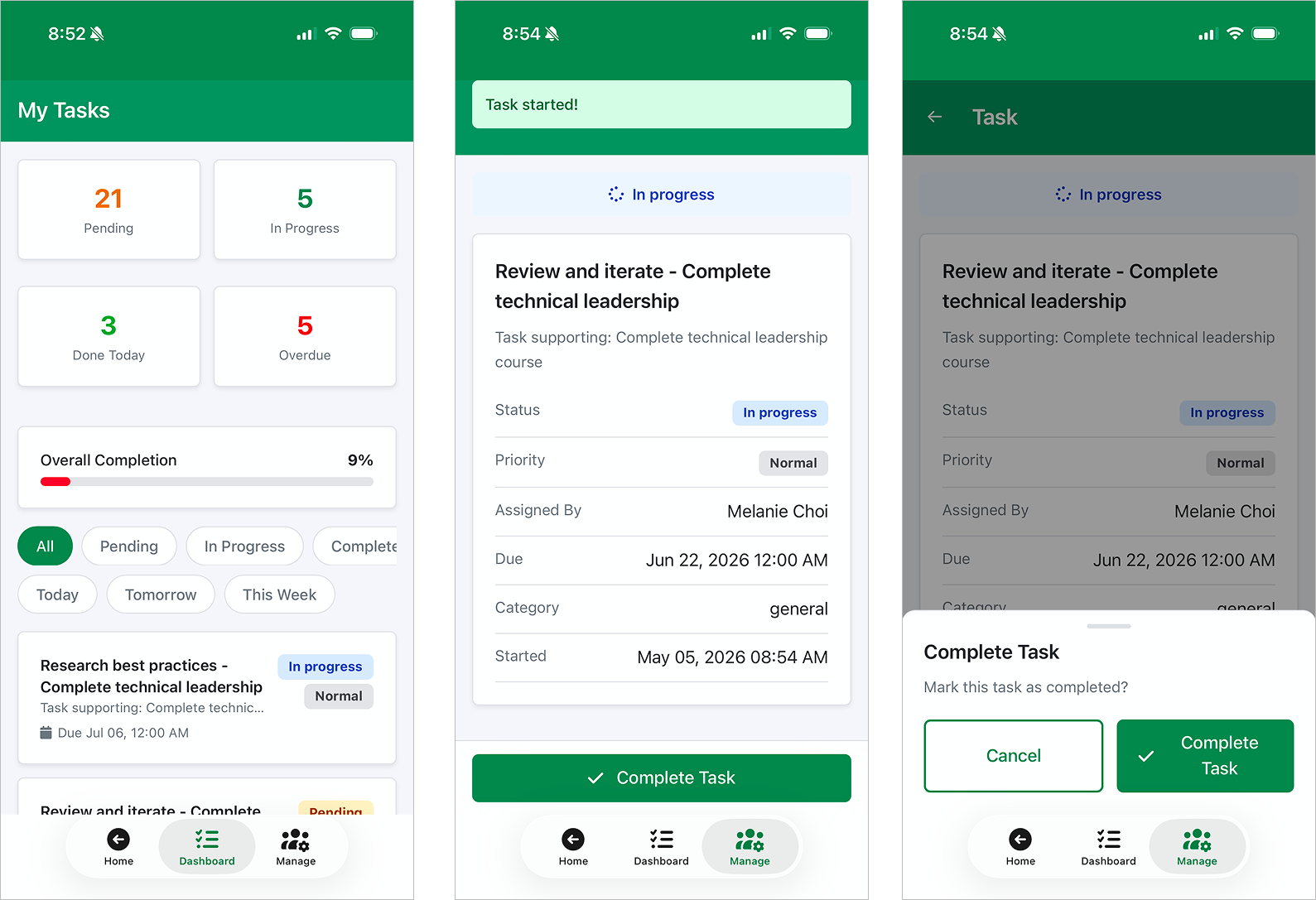 Complete a task on mobile — check off subtasks, attach a photo, and post a comment from the field