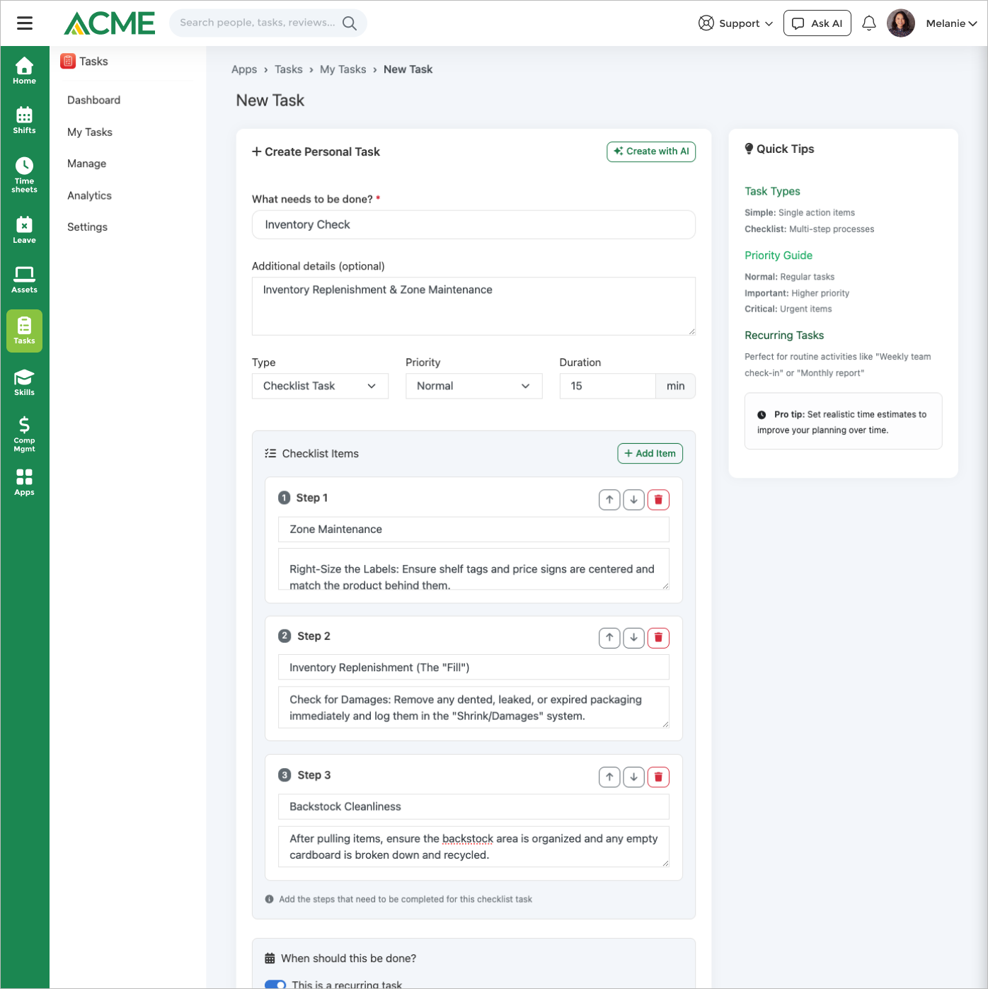 Create or edit a task — priority, due date, recurrence, watchers, and attachments