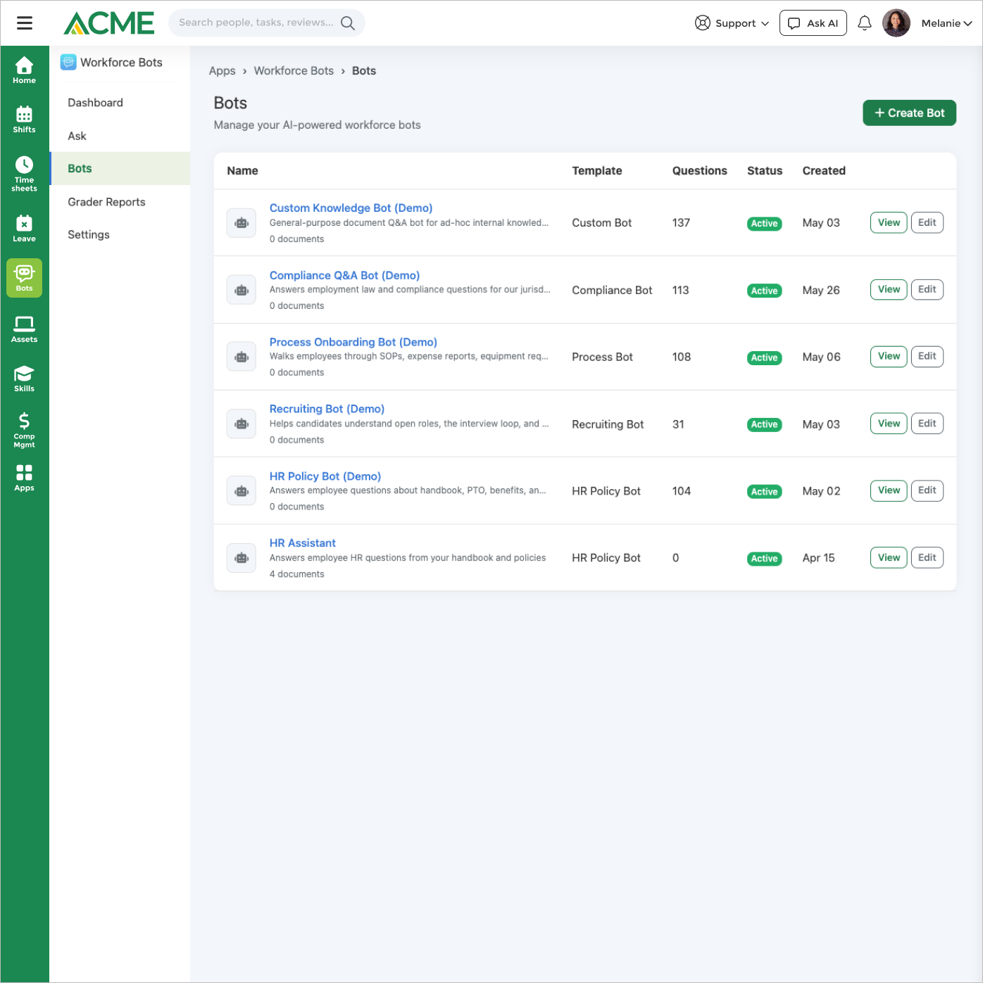 Browse and install Workforce bots — categorized catalog of automated assistants