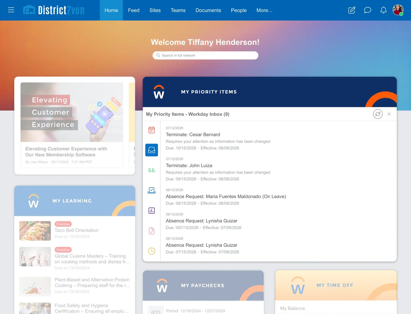 Workday Virtual Assistant widget showing pay and time-off access inside MangoApps